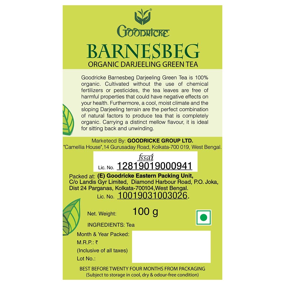 Goodricke Barnesneg 100% Organic Darjeeling Green Tea Image