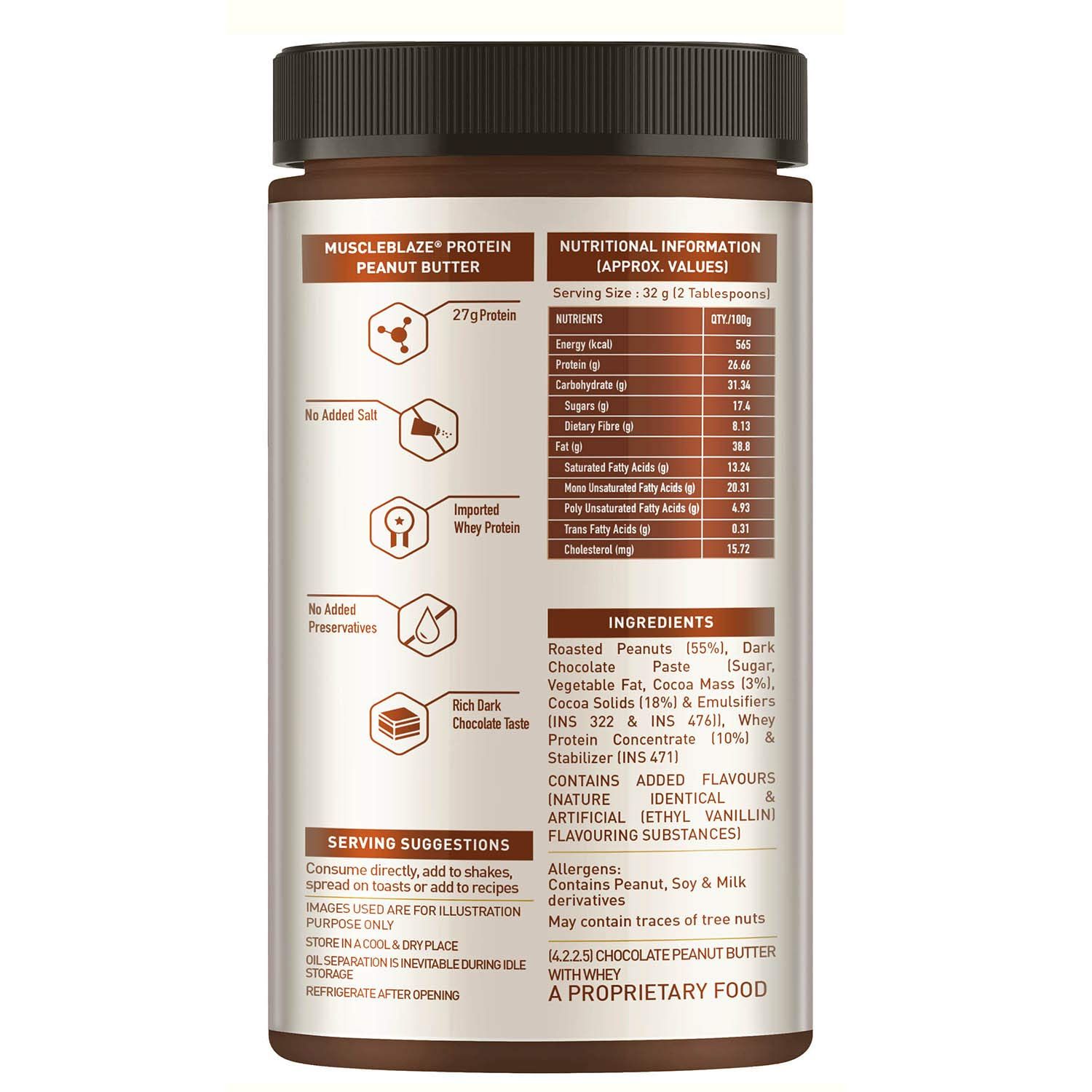 MuscleBlaze High Protein Peanut Butter, Creamy, 27% Protein, Dark Chocolate Image