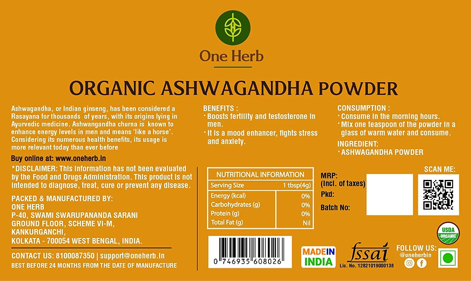 One Herb Organic Ashwagandha Powder Image