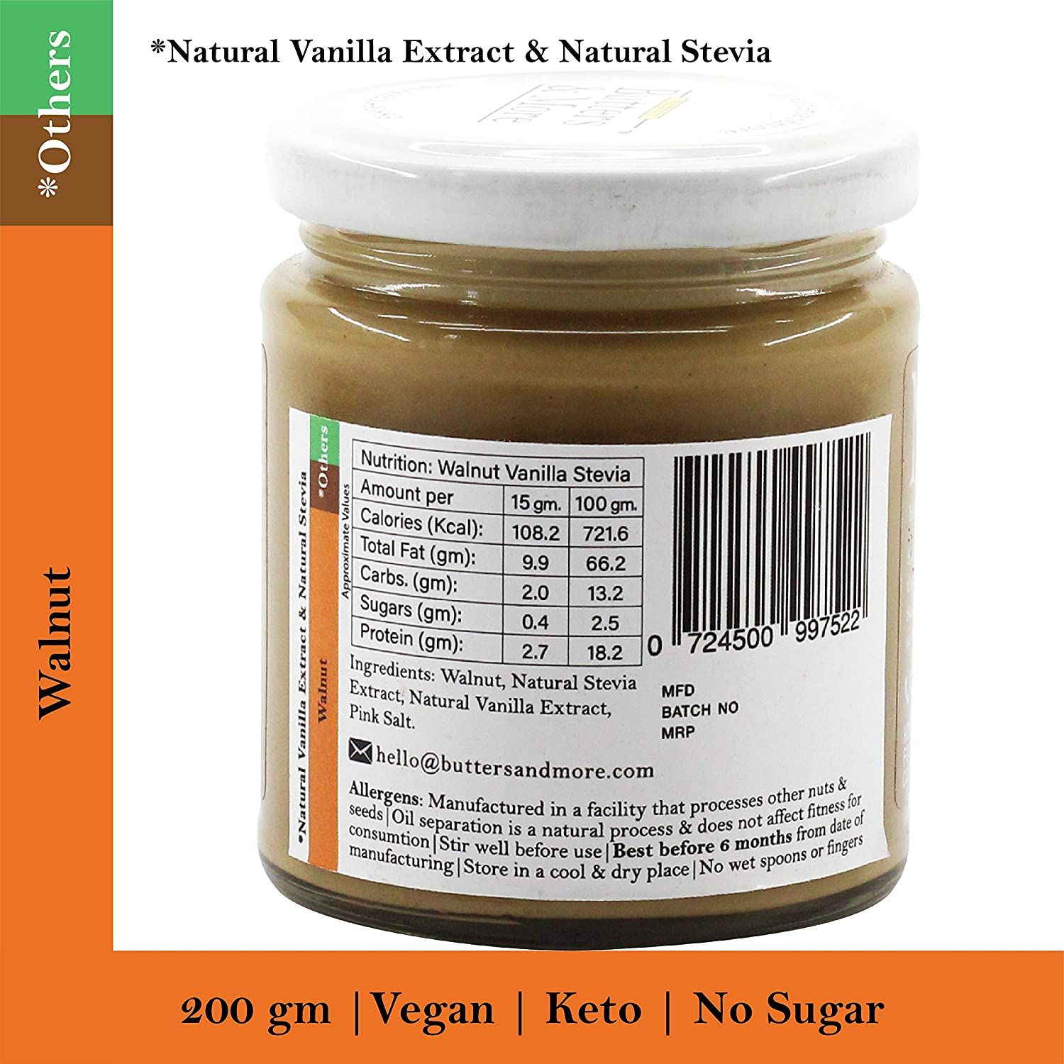 Butters & More Vegan Walnut Butter With Natural Vanilla Extract & Natural Stevia Extract Image