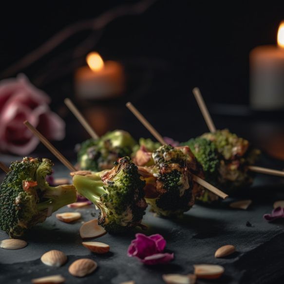 Grilled Broccoli Skewers With Rose Petals And Almonds