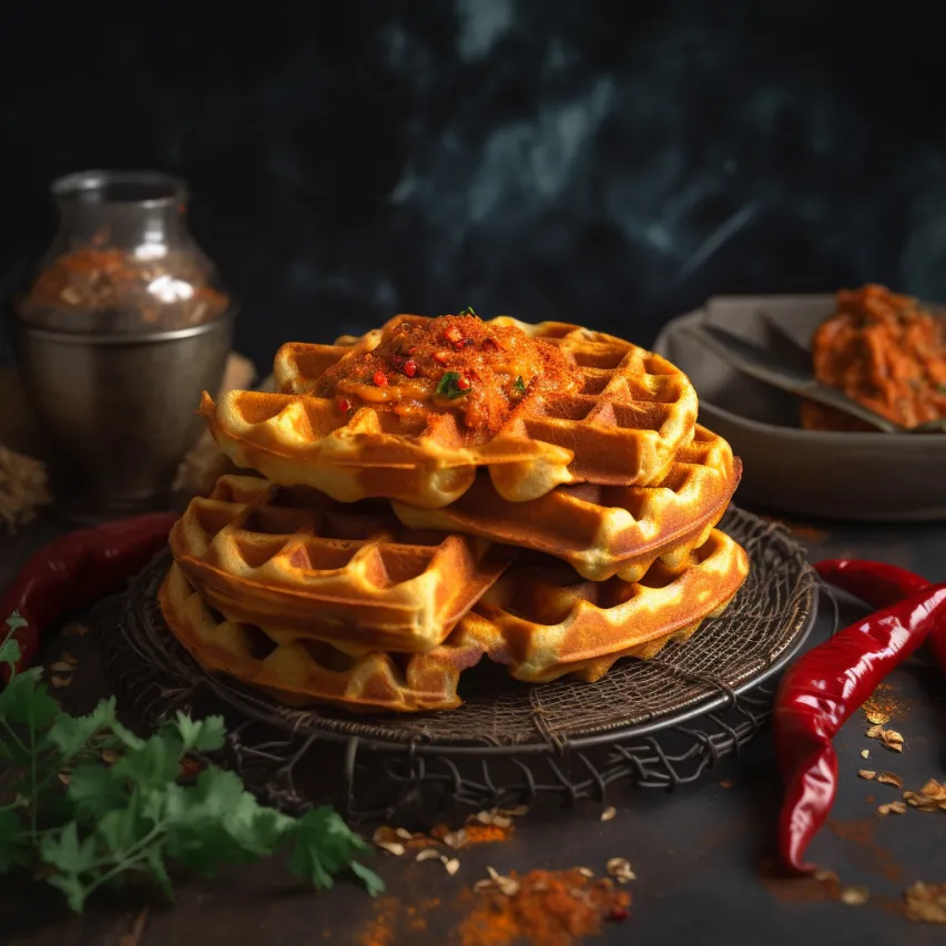 Sundried Tomato Pesto Waffles with Roasted Pepper Topping