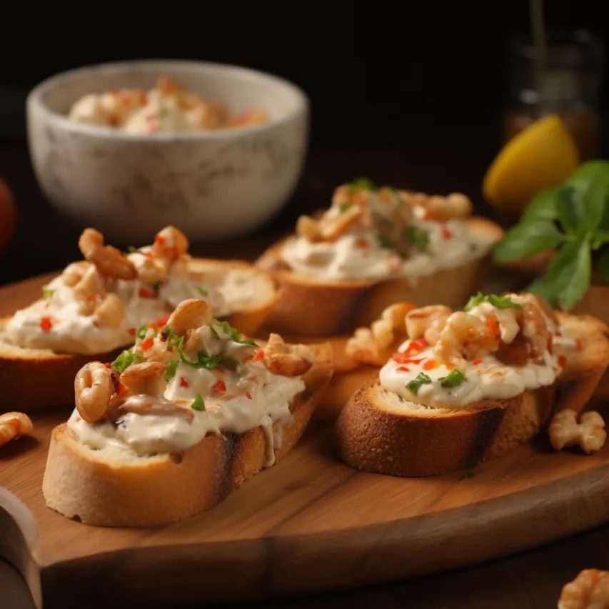 Shrimp Walnut Bruschetta with Cheesy Dip