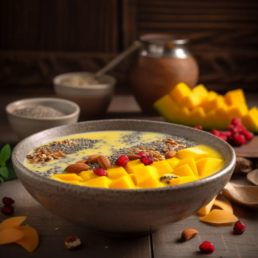Mango Chia Seeds Smoothie Bowl with Muesli and Dried Fruits