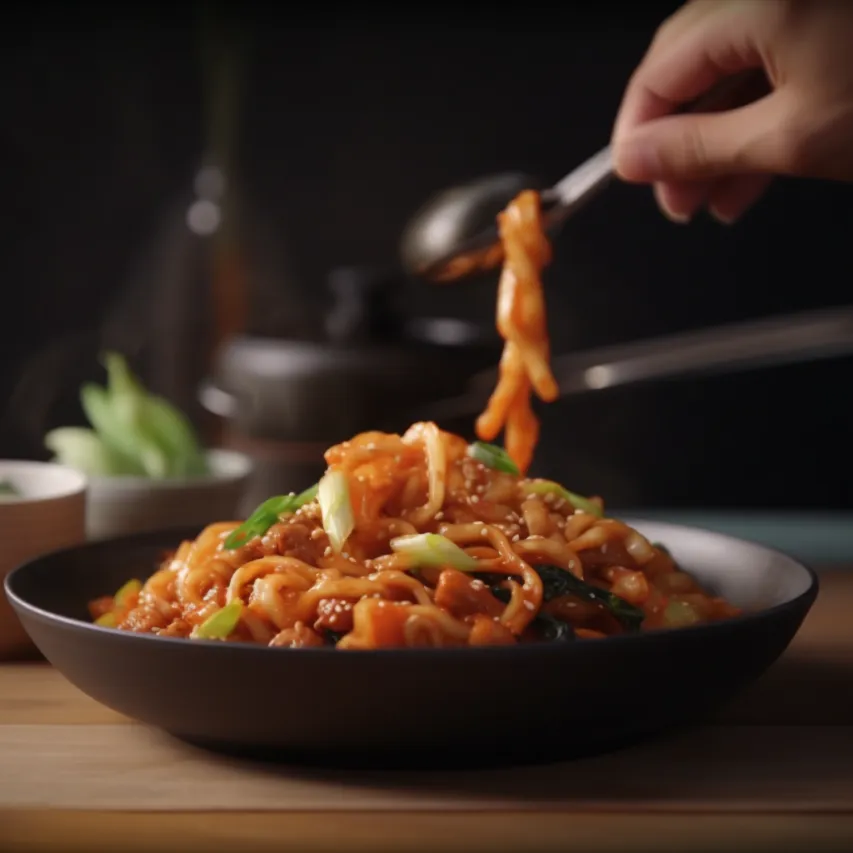 Spicy Kimchi Udon Stir Fry with Scallions 